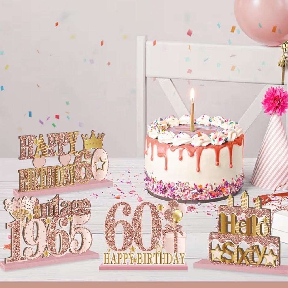 60th Birthday Pink Rose Gold Happy Birthday Party Wood Glitter Centerpieces EUC